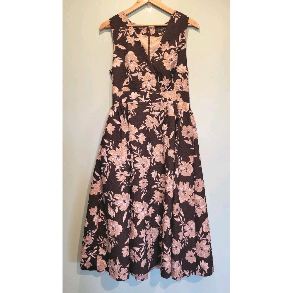 Brown Tan Textured Floral Fit & Flare Midi Dress Free Market Pockets Sz L